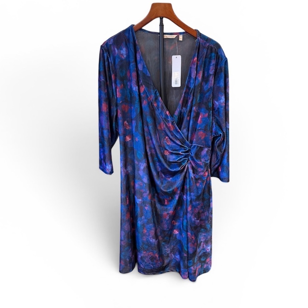 NWT Soft Surroundings Blue Watercolor Floral Faux Wrap Velvet Hyannis Dress 3X